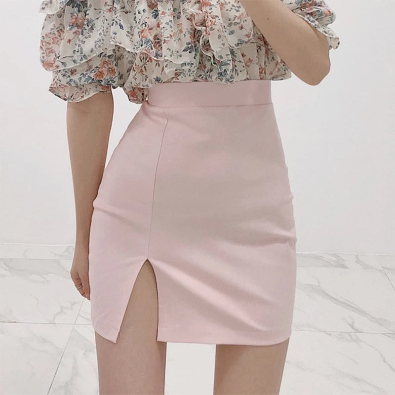 Lunivop  Pink High Waist Elastic f-length Women's Skirt Sexy Slimming All-matching Side-slit Busin Casual Polyester Fiber