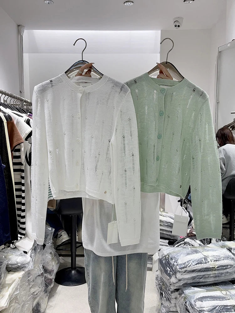 Lunivop Distressed Button Front Knit Top Sweater Cardigan Women Long Sleeve Ripped Blouse Summer Cover Up Teen-girl Grunge Y2K Outfit
