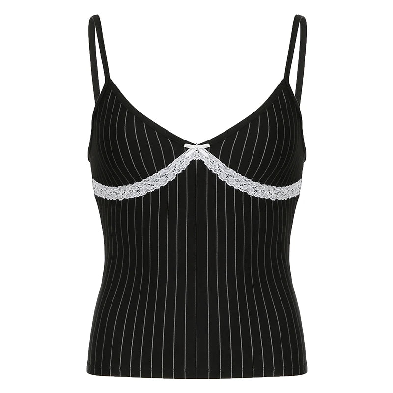 Lunivop  Casual Striped Print Camis Women Summer Y2k Lace Patchwork Sleeveless Crop Top Vintage 2000s Clothing Ladies Harajuku Tee