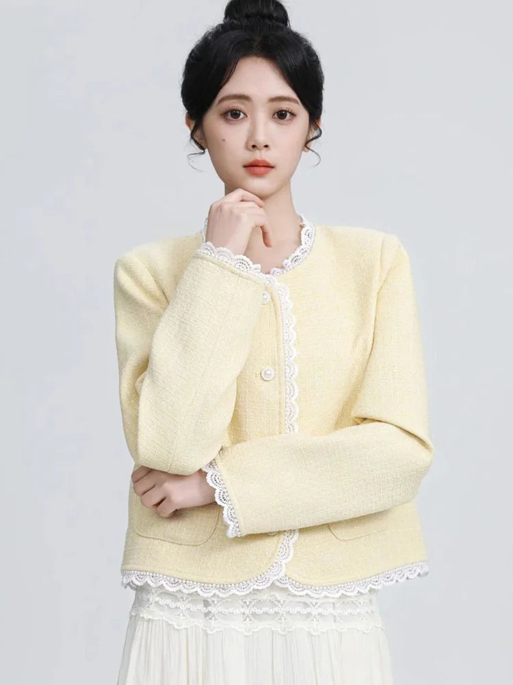 Lunivop Sweet Yellow Tweed Jackets Women Vintage Lace Patchwork Elegant Short Coat French Retro Casual O Neck Long Sleeve Fall Outwear