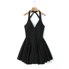 Lunivop  Sexy Solid Wine Red White Black Bow Halter Sling Dress Women Low Waist A-Line Pleated Swing Backless Short Dresses Party Robe