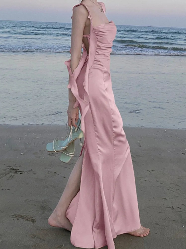 Lunivop  Sweet Pink Backless Womens Dresses Sexy Spaghetti Strap Sleeveless Wedding Evening Dress Elegant Gown Female Split Vestidos New