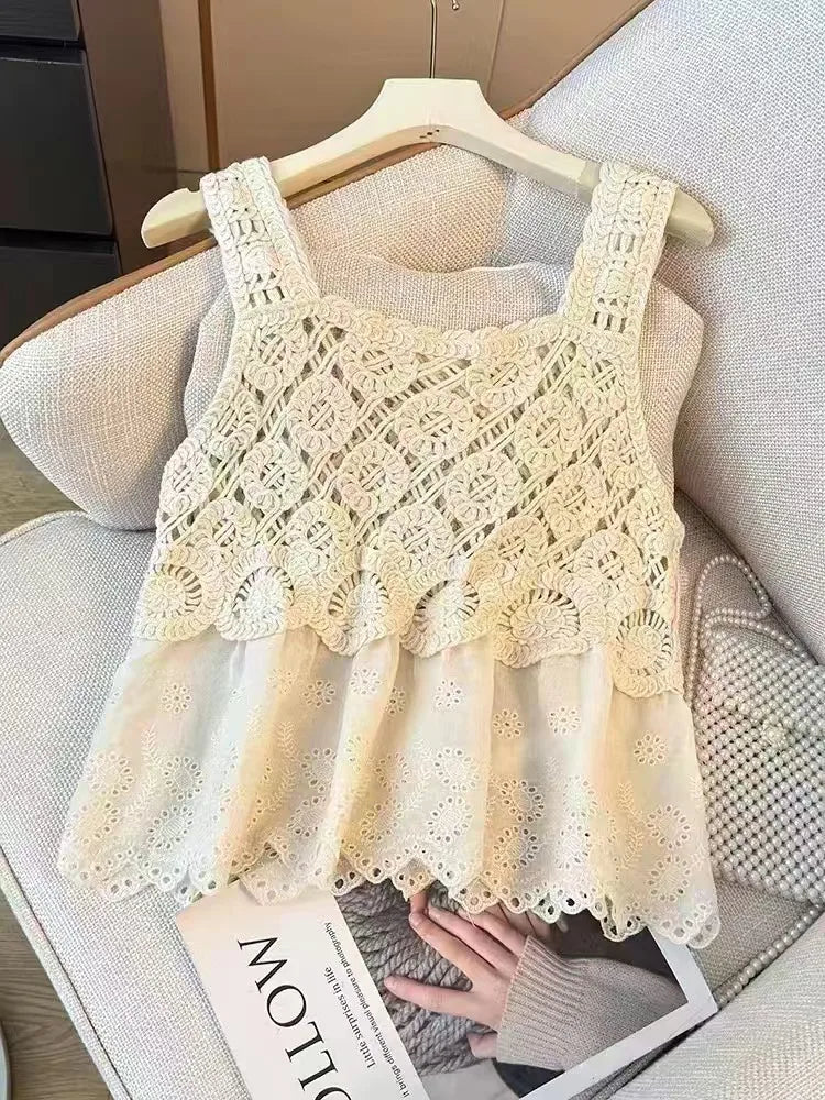 Lunivop Women Crochet Tank Top with Eyelet Lace Trim Sleeveless Square Neck Cami Top Summer Bohemian Beach Vacation Outfit