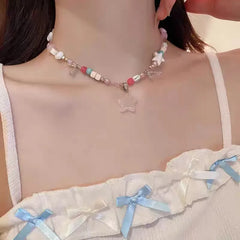 Lunivop Y2K Goth Pink Cute Bowknot Love Strawberry Bead Necklace Neck Decoration Grunge EMO 2000s Aesthetic Scene Accessories For Girl