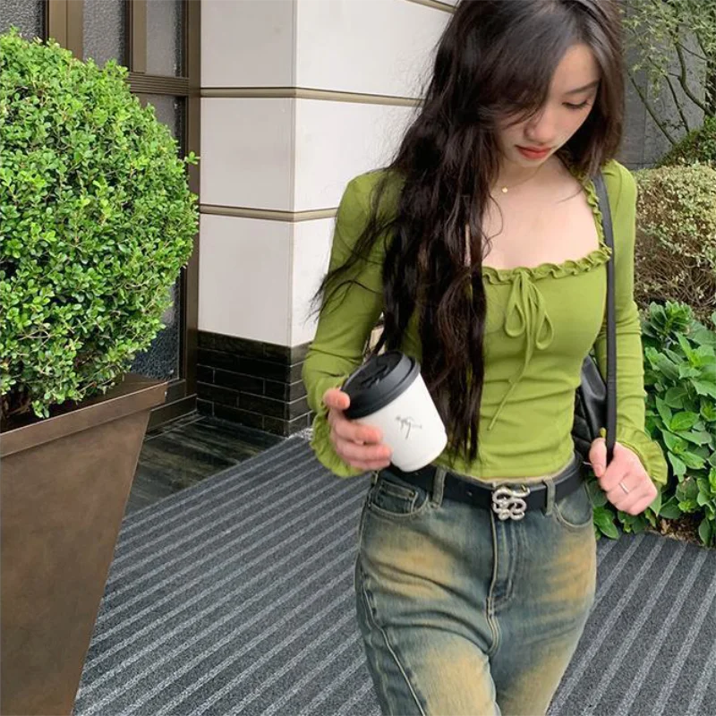 Lunivop Square Neck Pleated Sexy Tops Casual  Autumn Slim Long Sleeved T-shirt for Women's Ins Fashion Crop Top