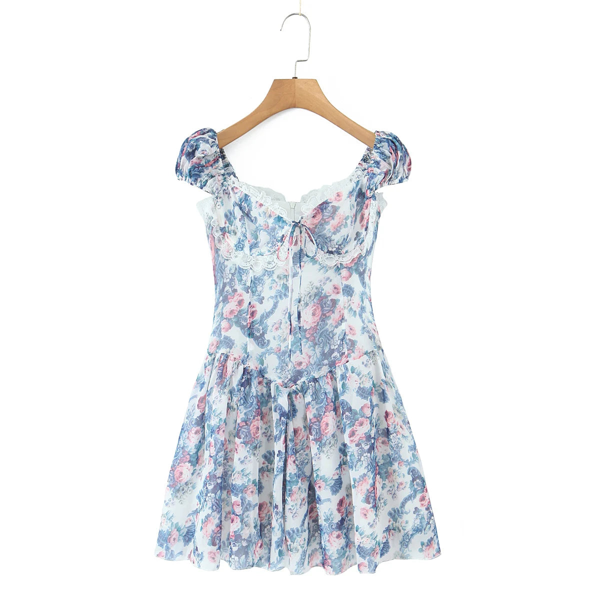 Lunivop  Summer Floral Print Spliced Lace Chest Bow Collar Short Puff Sleeve Dress Low Waist Ruched Hem Swing Mini Dresses Cake Robe
