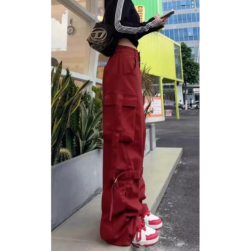 Lunivop Vintage Casual High Waist Red Cargo Pocket Pants For Women Streetwear Style Wide Leg Overalls Baggy Y2K Trouser