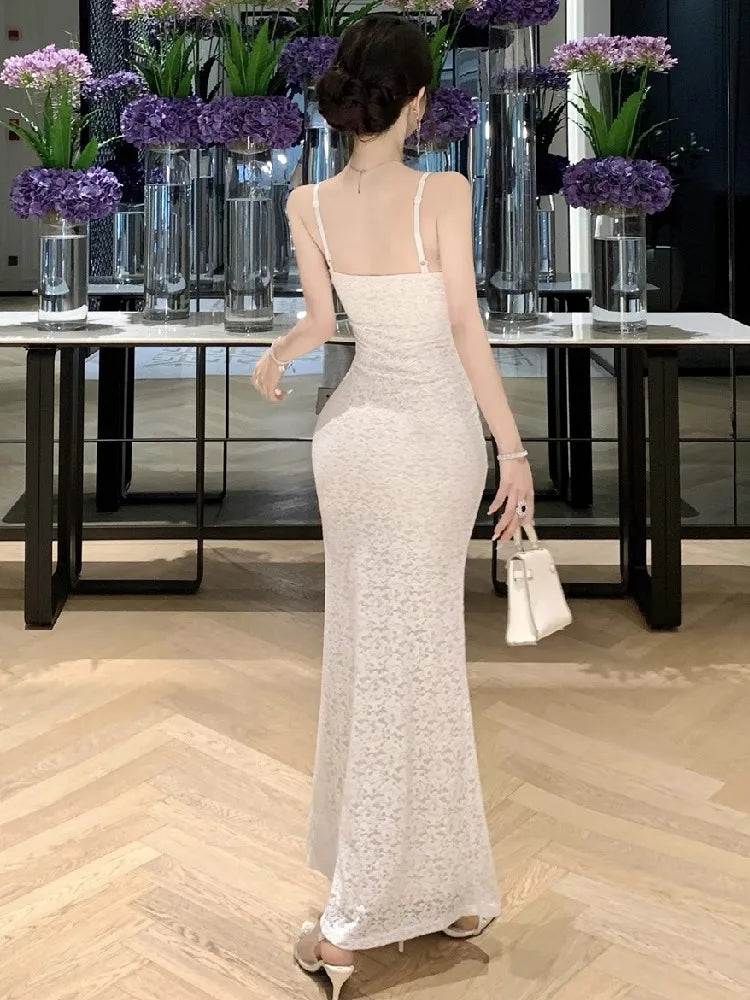 Lunivop  Woman Dress Sexy Elegant Sleeveless V Neck Lace Patchwork Backless Slim Sweet Temperament Party Dresses Female Chic