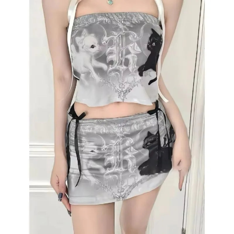 Lunivop Summer New Korean High Waist Animal Printed Casual A- Line Skirt Women + Lace-up Sexy Slim Camisole Two-piece Suit