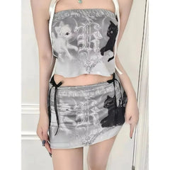 Lunivop Summer New Korean High Waist Animal Printed Casual A- Line Skirt Women + Lace-up Sexy Slim Camisole Two-piece Suit