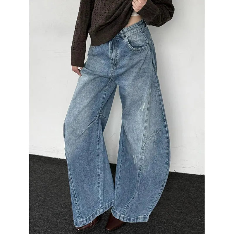 Lunivop Blue Womens Jeans High Waist Vintage Design Hip Hop Straight Baggy Denim Pants Street Y2K American Style Wide Leg Denim Trouser