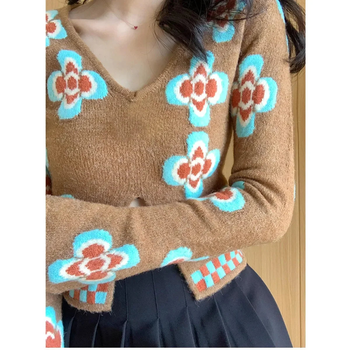 Lunivop Short Sweet Floral Print Slim Fit Crop Tops V Neck Knitted Sweaters Split Pullovers Preppy Style Japanese Korean Vintage Elegant