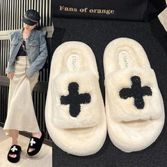 Lunivop Fluffy Fuzzy Slippers Women New Fashion Cross Cloth Winter Home Slides Open Toe Soft Sole Cotton Slippers Female Plush Shoe