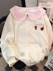 Lunivop Cartoon Sweet Kawaii Hoodies Women Loose Cute Peter Pan Collar Sweatshirts Fall Preppy Style Long Sleeve New Embroidery Top