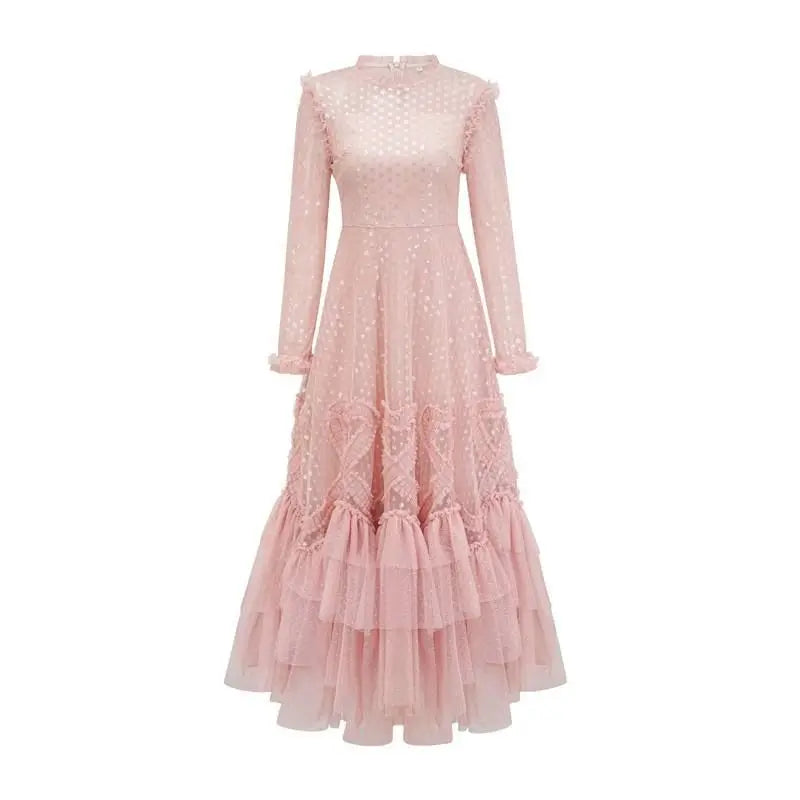 Lunivop  Lace Sequins Slim Women Floral Skirt Long Sleeves O Neck Spot Printing Ear Fungus Edge Female Dress 2025 Spring New