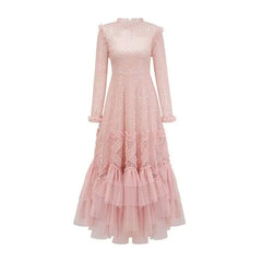 Lunivop  Lace Sequins Slim Women Floral Skirt Long Sleeves O Neck Spot Printing Ear Fungus Edge Female Dress 2025 Spring New