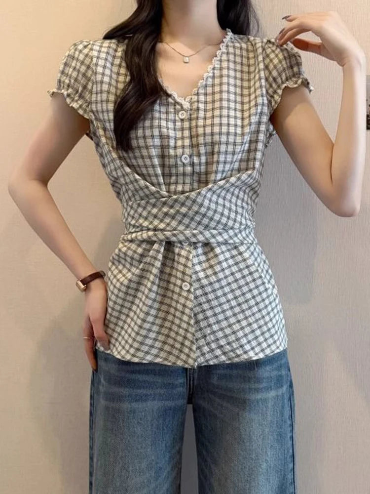 Lunivop Plaid Vintage Blouse Women V Neck Slim Design Back Bandage Shirt Korean Retro Lace Patchwork Casual Summer Bow Sweet Tops