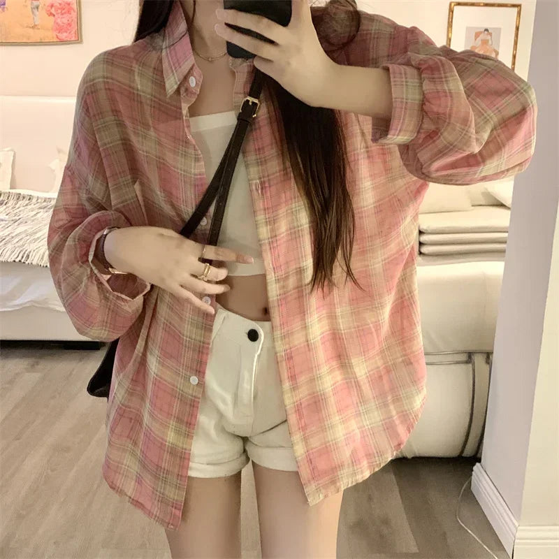 Lunivop Tops Women Sheer Chiffon Plaid Shirt Long Sleeve Button Up Collared Oversize Checked Shirts and Blouse Summer Casual Outfit