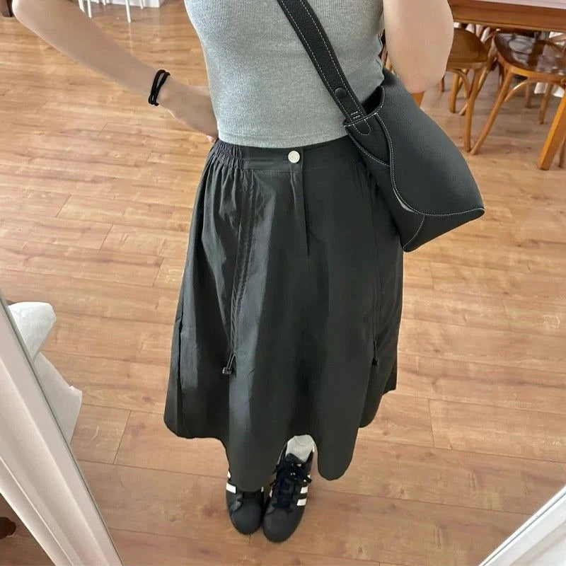 Lunivop Vintage Midi Skirt for Women Gothic High Waist Fashion Umbrella Skirt Retro Loose Solid A-line Ruffle Skirts Streetwear