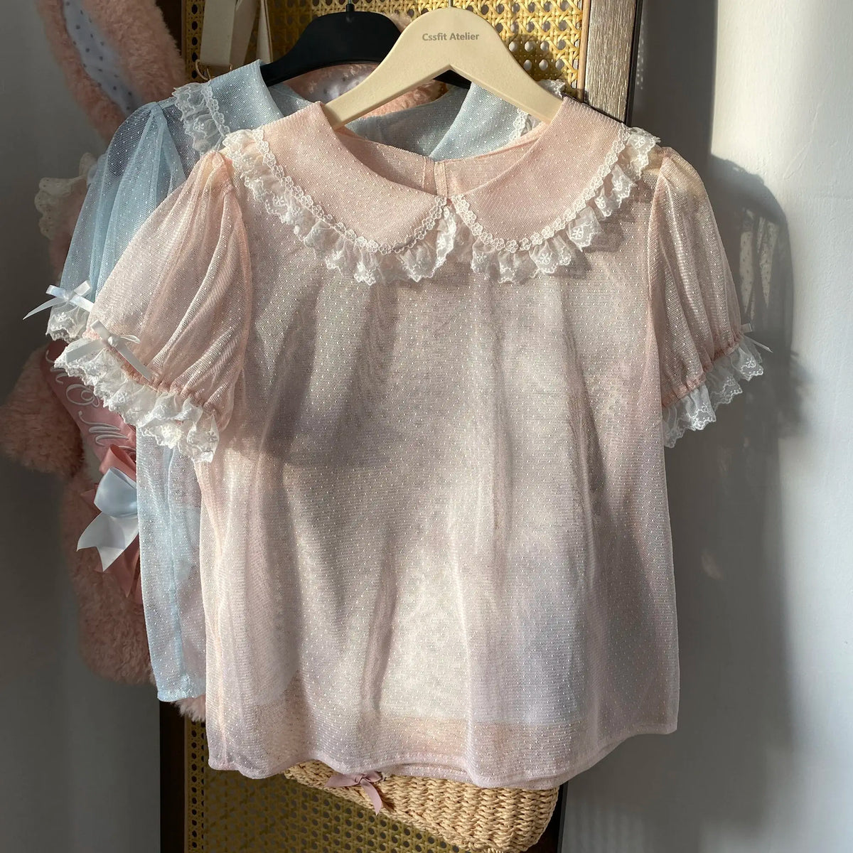 Lunivop  Mesh Peter Pan Collar Puff Sleeve Dot Shirt Preppy Style Short Student Slim Blusas Age Reduction French Exquisite Tops