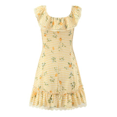 Lunivop  Vintage Yellow Plaid Floral Print Ruffles Strap Sleeveless Dress Women Slim Waist Wood ears Hem A-lined Short Tank Vestidos Robe