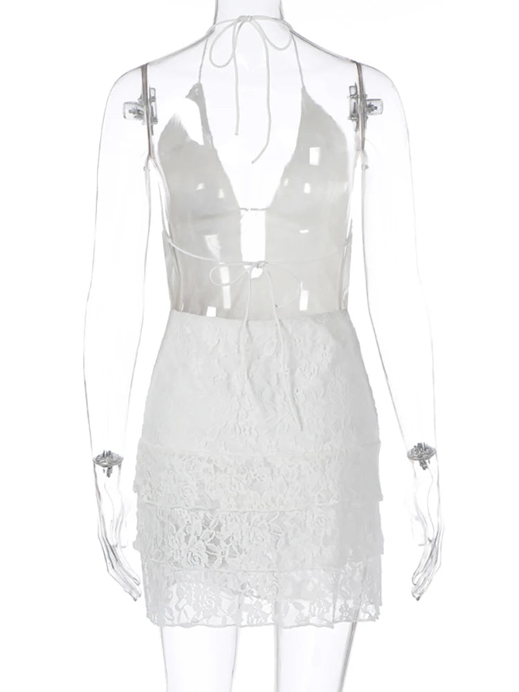 Lunivop Sexy Hollow Out Lace Halter Women Dress White Backless High Waist Dress Female Summer Skinny Elegant Party Clubwear