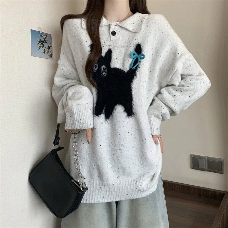 Lunivop Cute Cartoon Bow Sweaters Women Loose Vintage Long Sleeve Kawaii Knitted Jumper Japan Casual Preppy Style Retro Pullovers