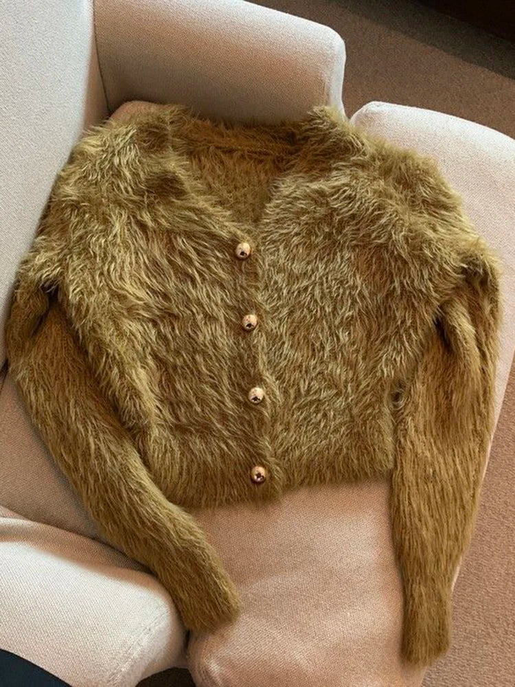 Lunivop Sexy V Neck Women Knitted Cardigan Winter Hairy Korean Slim Ladies Sweater Soft Fashion Black Button Up Female Short Coats