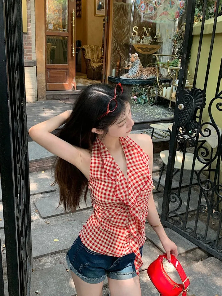 Lunivop  Camis Women Plaid Sleeveless Halter Ruffles Bandage Backless Slim Vintage Sweet Casual Sexy Tank Tops Female Summer
