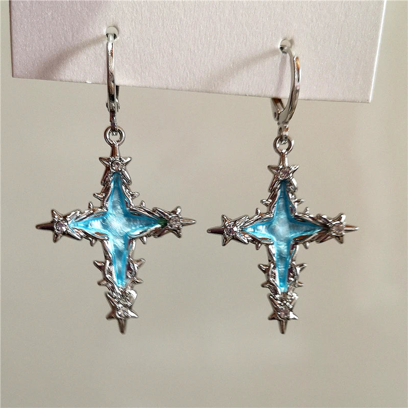Lunivop Goth Punk Colorful Irregular Thorn Cross Pendant Earrings For Women Egirl Aesthetic Jewelry EMO Charm Vintage Scene Accessories