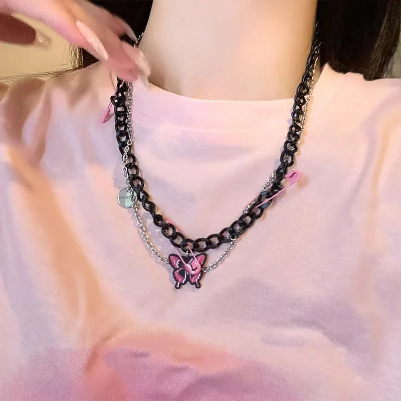 Lunivop Kpop Fashion Pink Pin Butterfly Pendant Black Chain Necklace For Egirl Goth Harajuku Y2K 90s EMO Aesthetic Jewelry Accessories