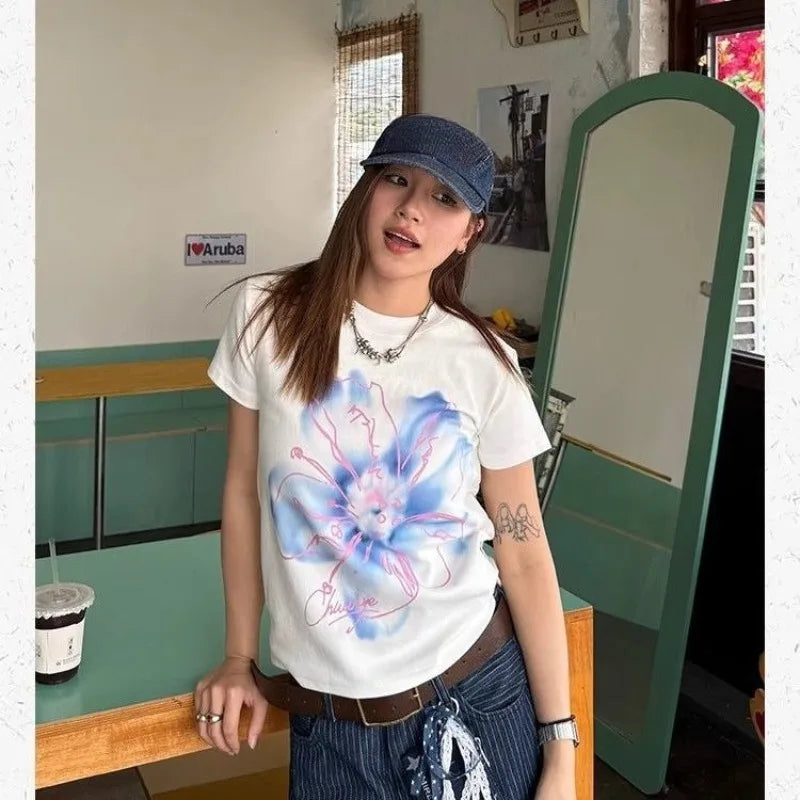 Lunivop  Woman T Shirts O Neck Short Sleeve Slim Stretch Short Sleeve Flowers Printed Y2k Tops Vintage Fashion Tshirt Casual