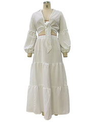 Lunivop  Summer Women's White Two Piece Set Casual Fashion Lace Up Long Puff Sleeve Deep V Neck Short Top+Long Skirt 2pcs 