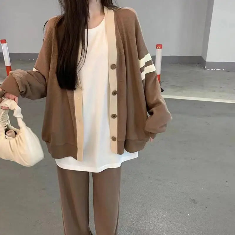 Lunivop Varsity Cardigan Sweater for Women Long Sleeve V-Neck Button-up Knit Slouchy Cardi Korean School-girl Preppy Fall Winter Outfit