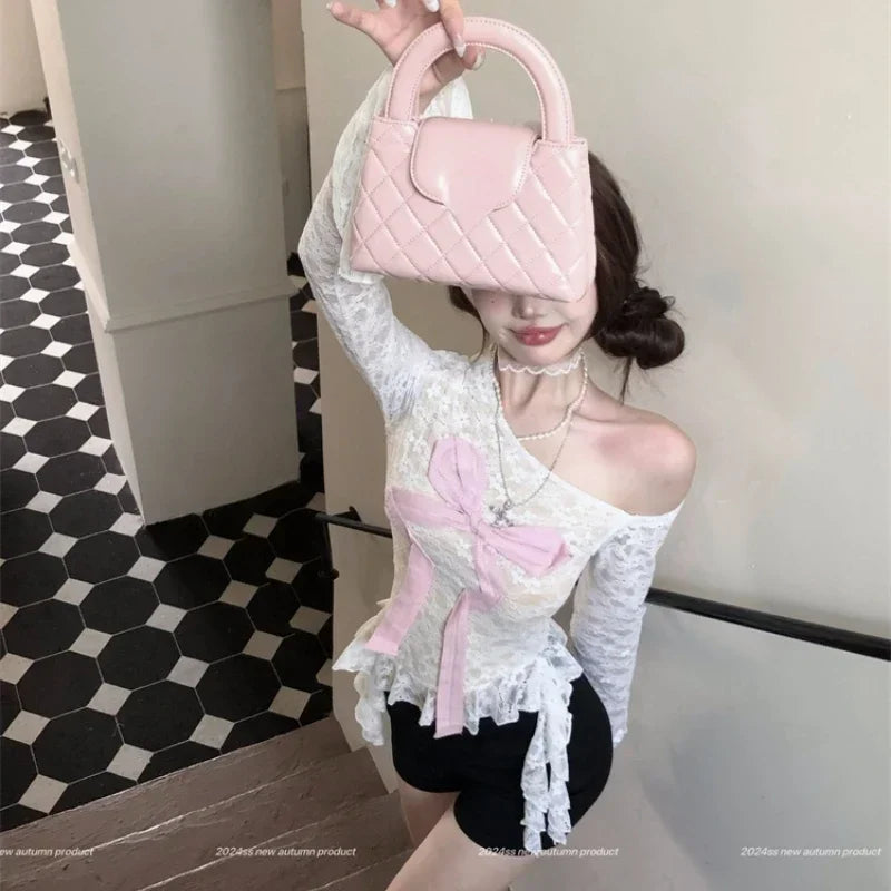Lunivop High Street Hollow Sheer Sexy Long-sleeved T-shirt Women Autumn New Skew Collar Strapless Contrast Color Patchwork Tops