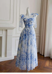 Lunivop  Blue Flower Pattern Charming Women Dress Bow Tie Detail Sleeveless 2025 Spring And Summer New Dresses Female