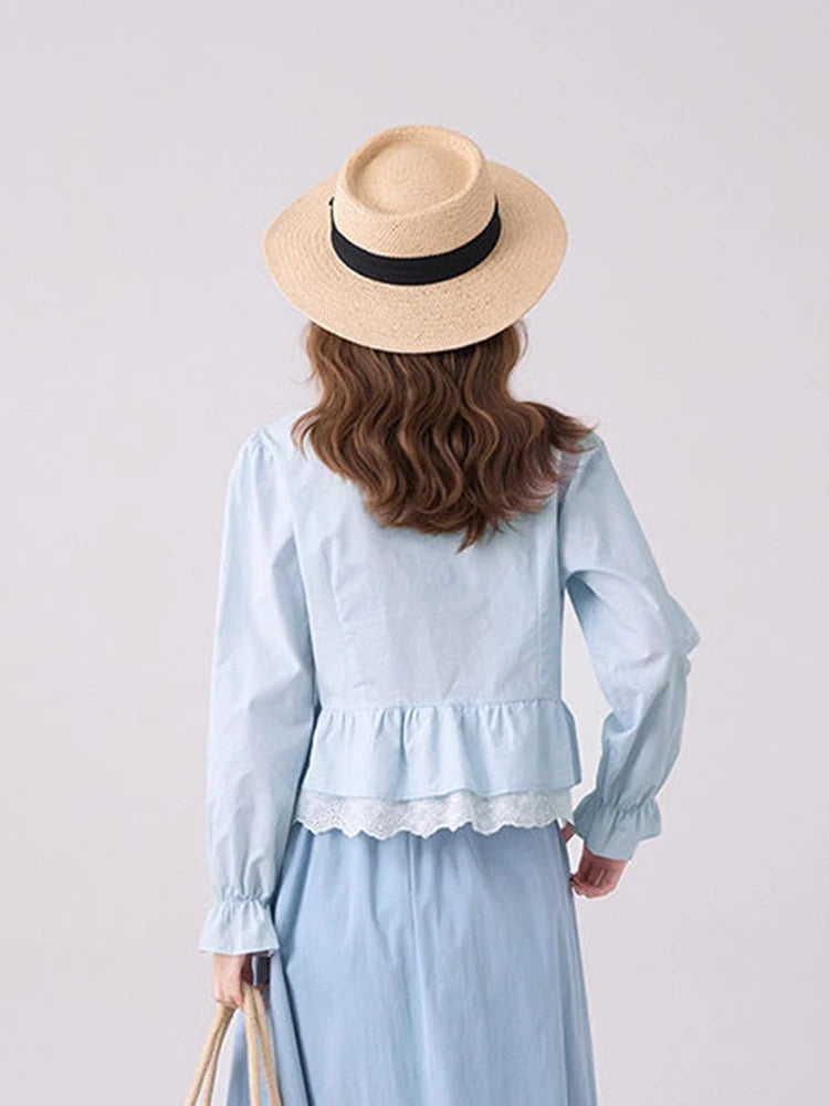 Lunivop Cute Bow Sweet Shirts Women Korean Fashion Lace Patchwork Blue Blouse Preppy Style Casual Elegant Female Long Sleeve Tops