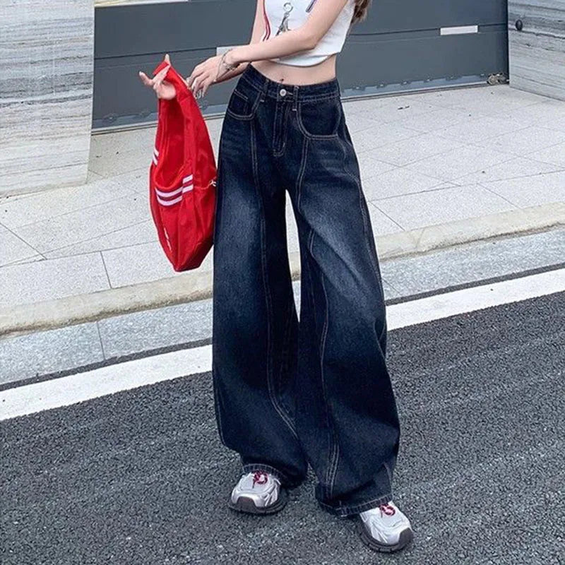Lunivop  Letter Embroidery Wide Leg Trousers Women Korean Fashion High Waisted Sickle Jeans Female New Streetwear Baggy Y2K Denim Pants