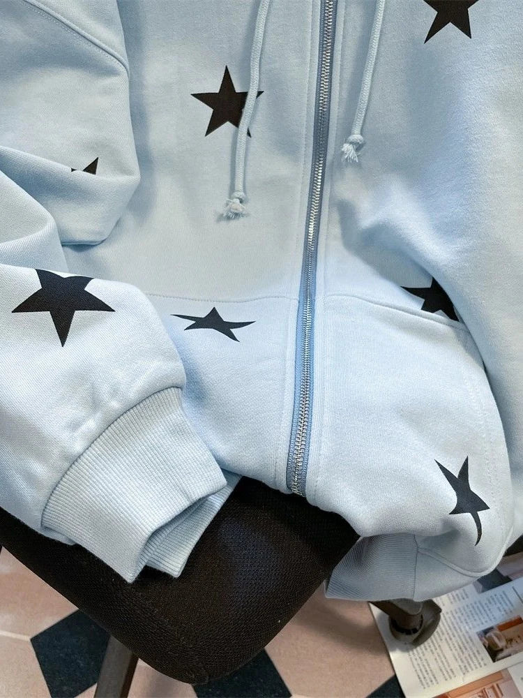 Lunivop Stars Print Hoodies Women Vintage Streetwear Long Sleeve Loos Blue Sweatshirts Casual Pockets Lace Up American Fall Tops