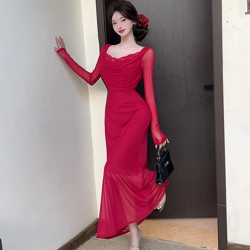 Lunivop  Women Blue Mesh Patchwork Lace Square Collar Long Dress Summer Elegant Casual Dress with Long Sleeve Korean Bodycon Dresses