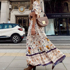 Lunivop   Summer Printed Dress V-Neck Button Flare Sleeve Long Sleeve Long Dresses Bohemian Style Loose Sundress for Women