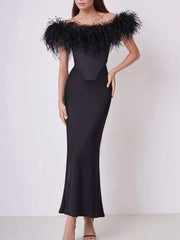 Lunivop Bandage Ostrich Hair Two Pieces Set Zipper Hollow Out Slash Neck Top Women's 2025 New Fashion Mermaid Skirt Female