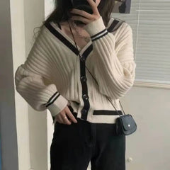 Lunivop Women Knit Cardigan Sweater with Contrast Trim V-Neck Button Up Boxy Sweater Jacket Autumn Winter Teen-girl Preppy Chic Outfit