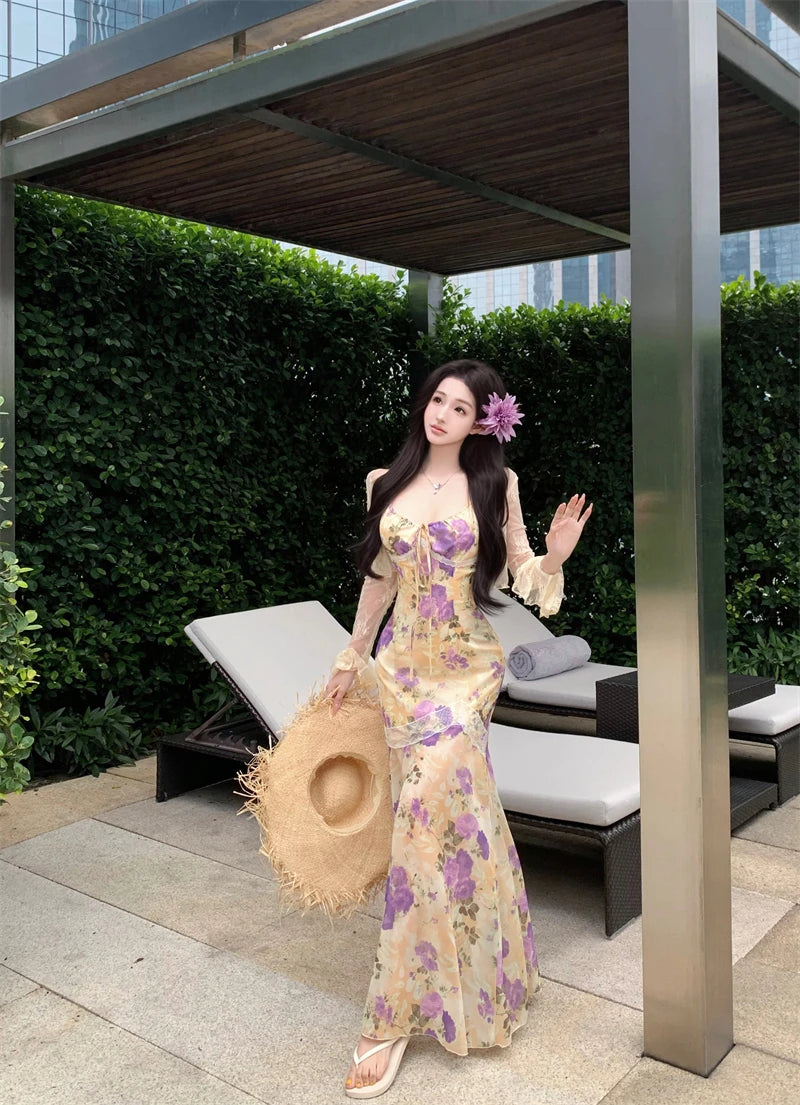 Lunivop Summer Female Two-Piece Dress Set Sweet Fishtail Strap Dress V-neck Sleeveless Woman Floral Through Lace Cardigans New