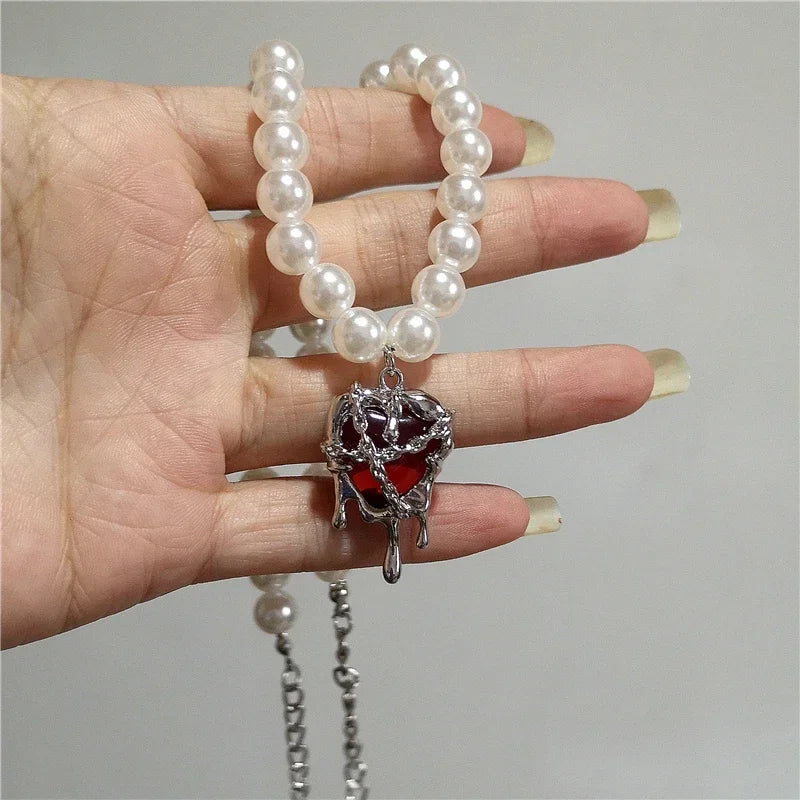 Lunivop Vintage Y2k Red Crystal Heart Aesthetic Pendant Pearl Beaded Necklace For Women Gothic EMO Christmas Rave Jewelry Accessories