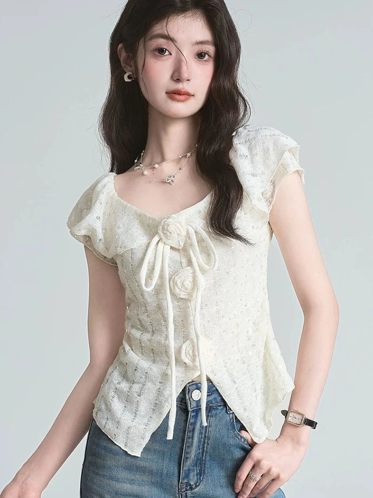 Lunivop  3D Floral Ruffles Sweet T Shirt Women Slim Sexy Cropped Short Sleeve Chic Tees Tops Korean Fashion Elegant Female T Shirts
