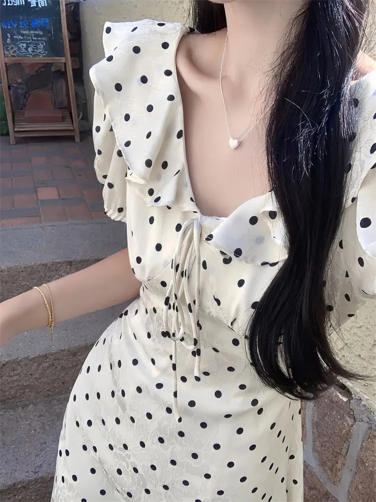 Lunivop  Woman Dress Polka Dot Puff Short Sleeve Ruffles Bandage V Neck Temperament Sweet Dresses Elegant Female Fashion