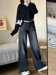Lunivop  Retro High Waist Wide Leg Jeans Women's Spring New plus Size Bla ey Waed Loose Straight Cut Trousers Slimming Effect