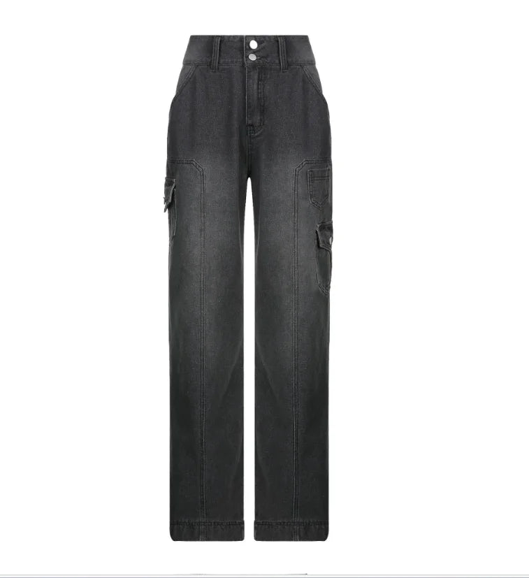 Lunivop New Street High Waist Straight Leg Casual Jeans with Irregular Pockets Work Clothes Floor Towers  Dad's Pants