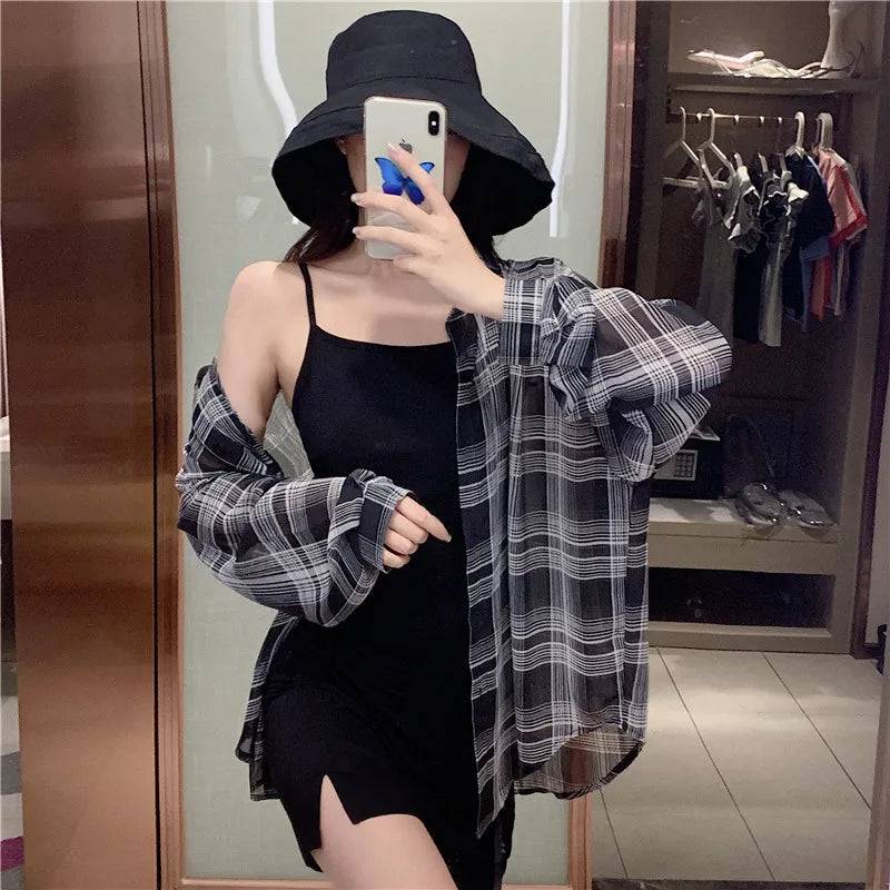 Lunivop Tops Women Sheer Chiffon Plaid Shirt Long Sleeve Button Up Collared Oversize Checked Shirts and Blouse Summer Casual Outfit